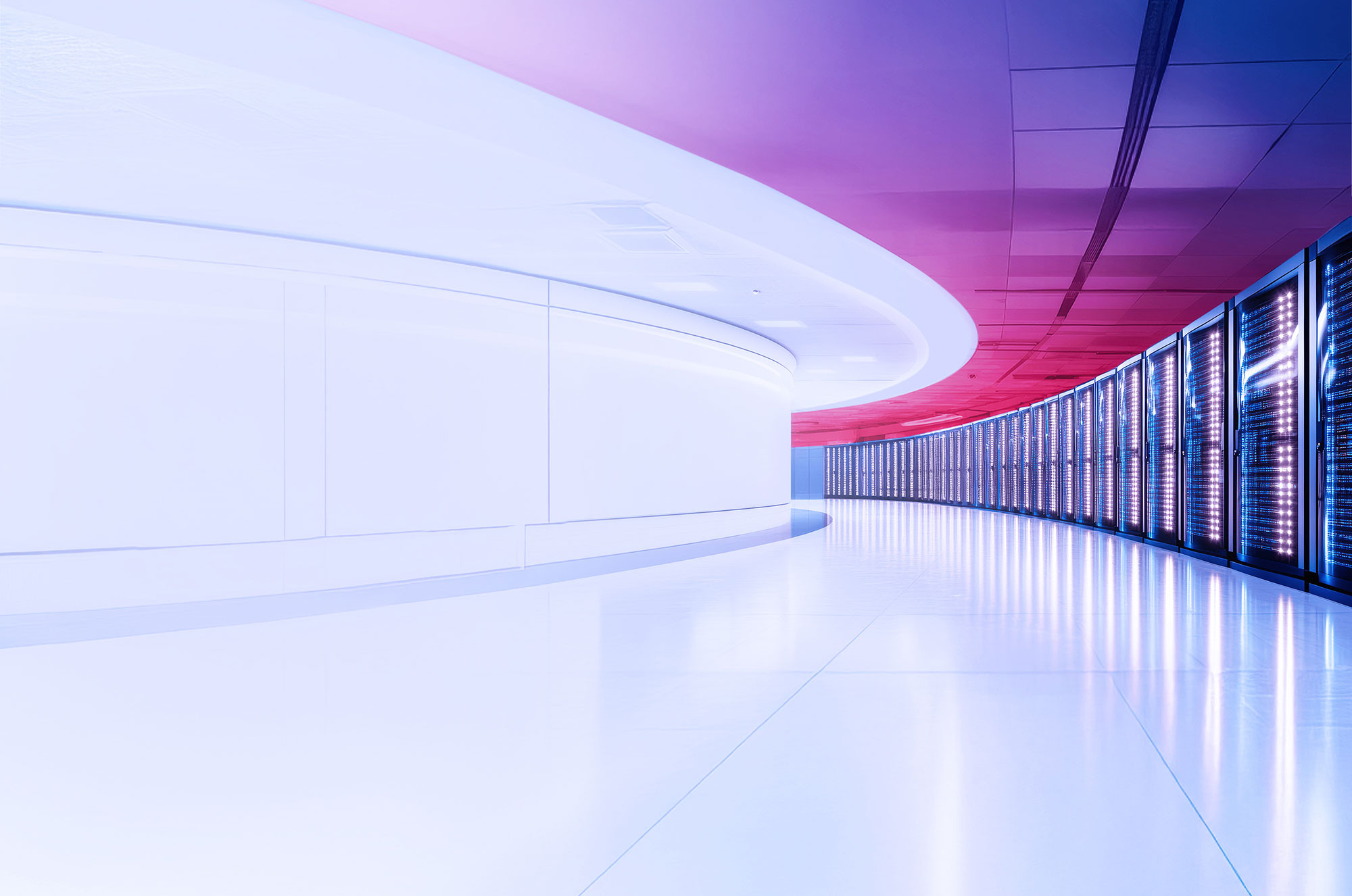 Server romm with blue red ribbob flowing