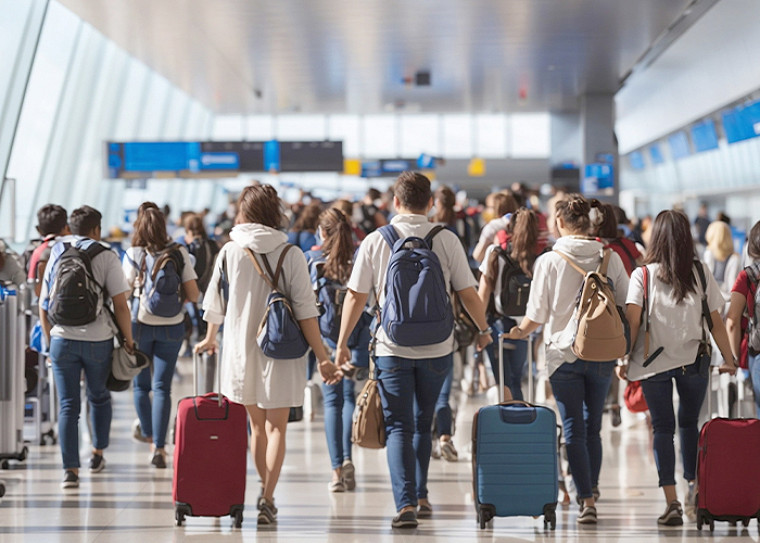 Passengers walking with their trolley bags inside an airport