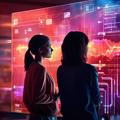 Zwei Frauen schauen auf einen virtuellen Bildschirm