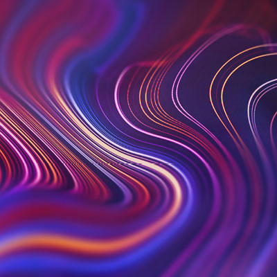Abstract flowing neon light trails in purple, pink, and blue, creating a dynamic digital wave pattern.