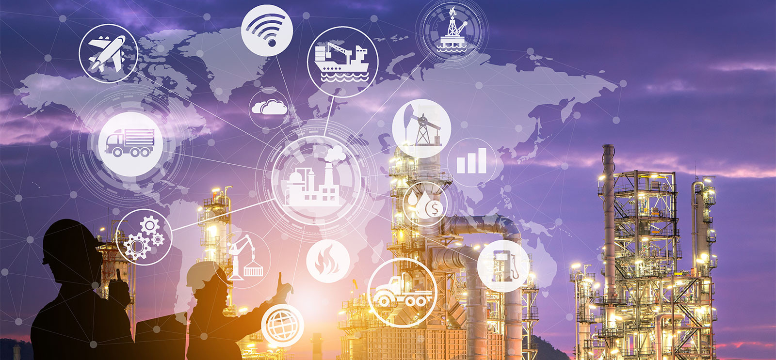 Double exposure physical system icon with Oil and gas refinery plant background and silhouette of engineering team is working as concept of industry 4.0