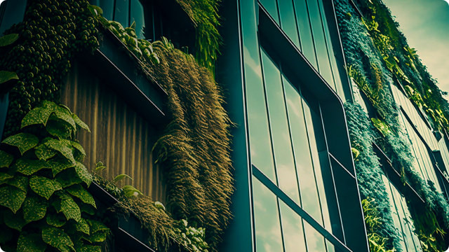 Eco friendly building with glass panels and plants growing along the walls