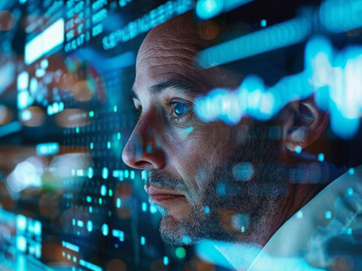 Man studies glowing digital data screens intently.