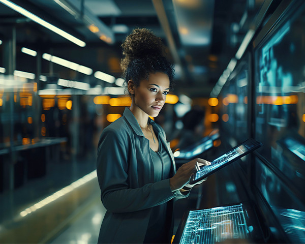 A closeup view of women working on tab in server room.