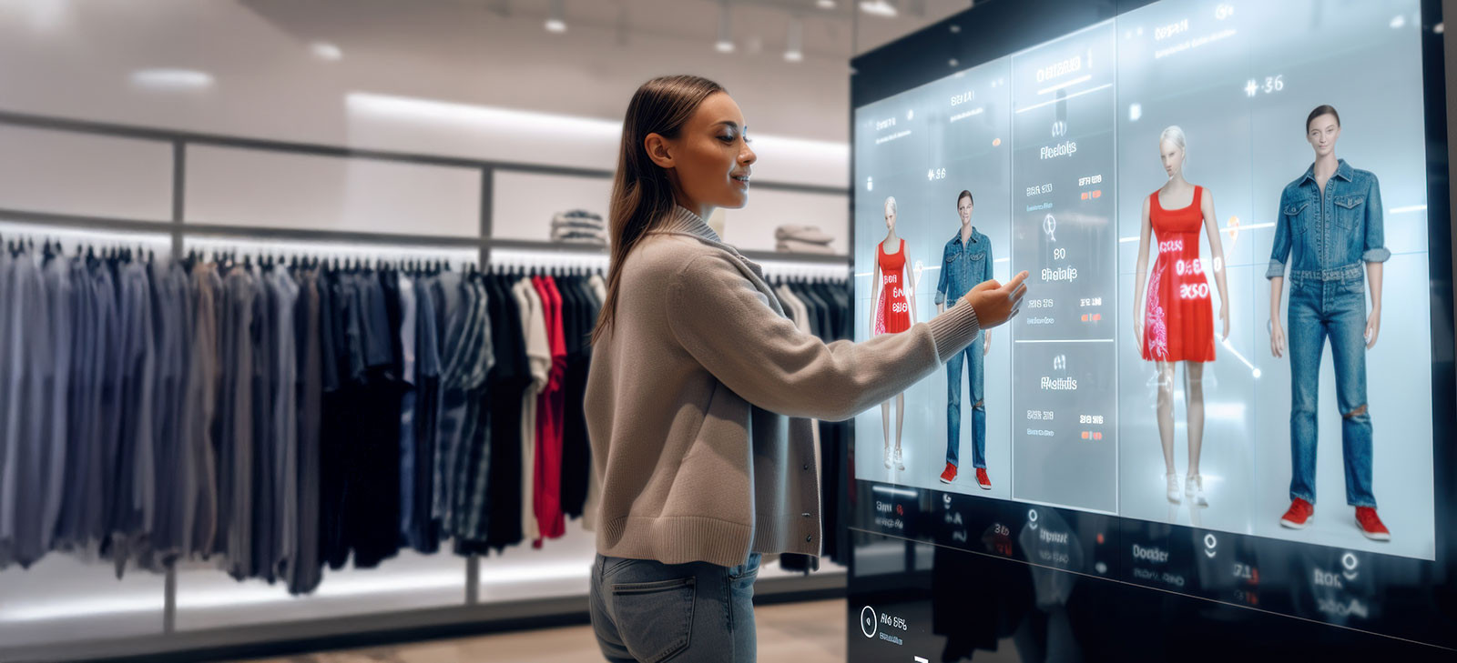 A woman browsing clothing options on a large digital screen in a retail store.