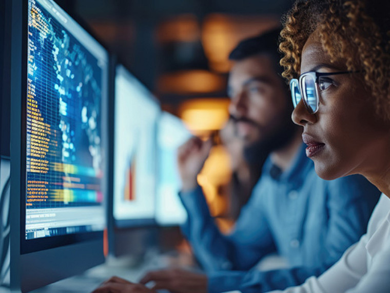 Developer monitoring code and cybersecurity analytics dashboards