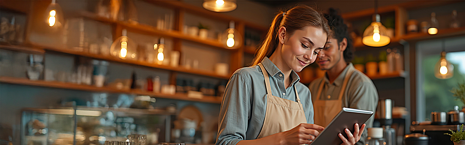A retail employee smiling and browsing a tablet