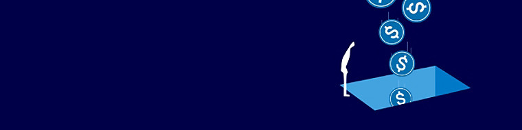 Person with falling dollar icons over platform, symbolizing AI workforce value and growth.
