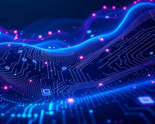 Abstract image of circuit board like patterns over blue colored waves in black space